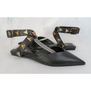 NWT Black ZARA Faux Leather w/ Studs Ankle Strap Flat Sandals Women's 6 EU 36